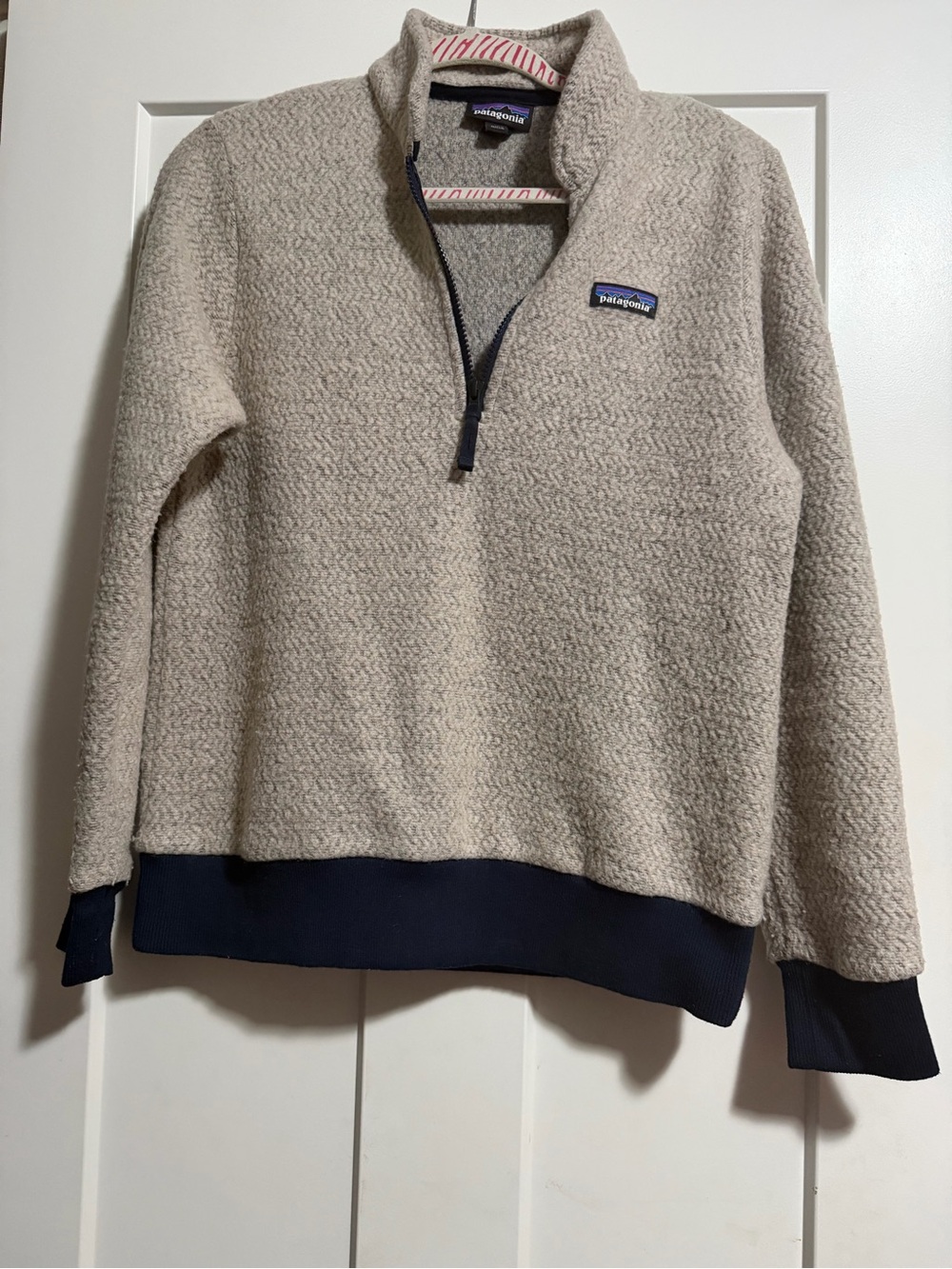 Patagonia Cream Quarter-Zip Pullover with Navy Trim